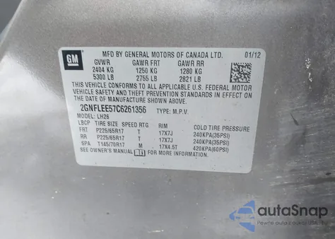 2012 Chevrolet Equinox 1Lt из США, поврежденный, VIN 2GNFLEE57C6261356